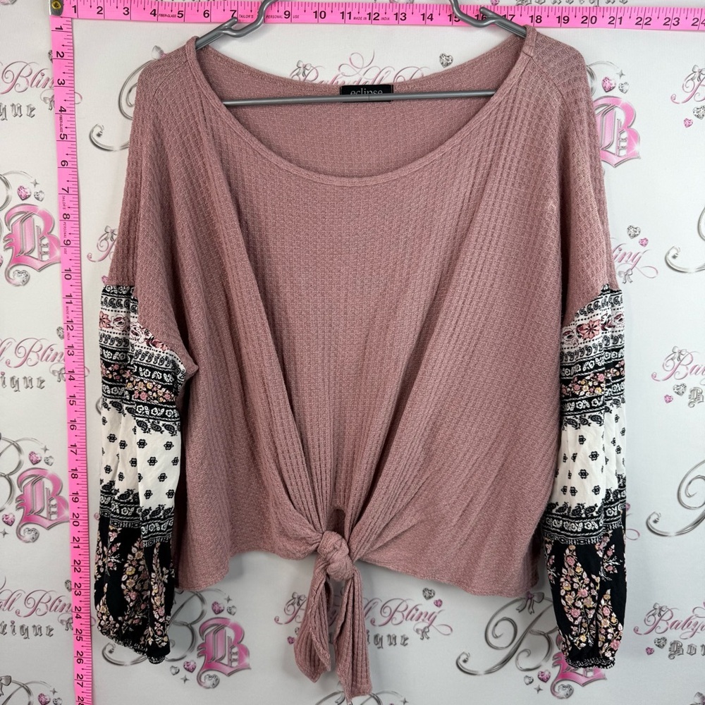 Eclipse long sleeve Mauve Tie-Front Waffle Knit Tunic Printed Bishop Sleeves